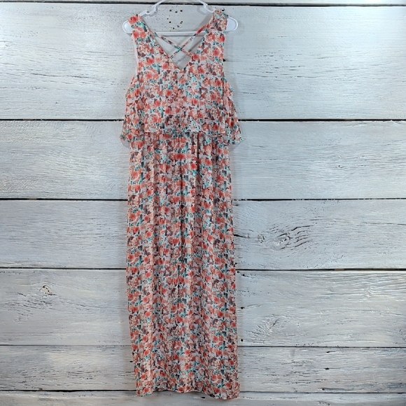 Lily Rose Floral Maxi Dress Large Sleeveless Criss Cross Back - Picture 5 of 6